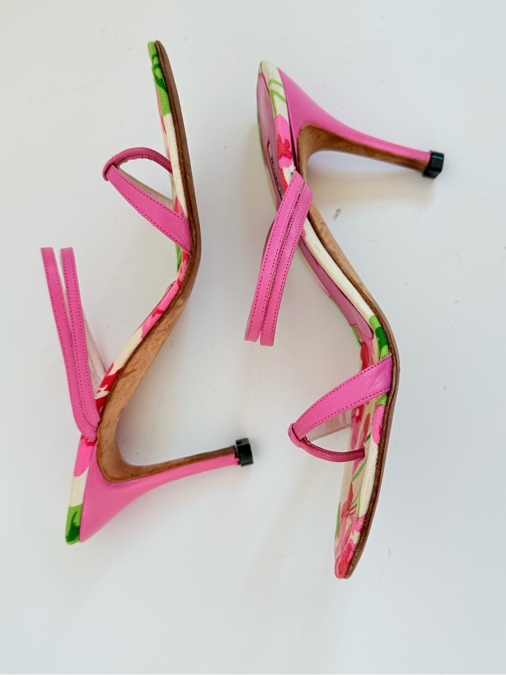 Manolo Blahnik Discus Pink Floral Thong Sandals Vintage Heels 36.5 - Picture 5 of 11